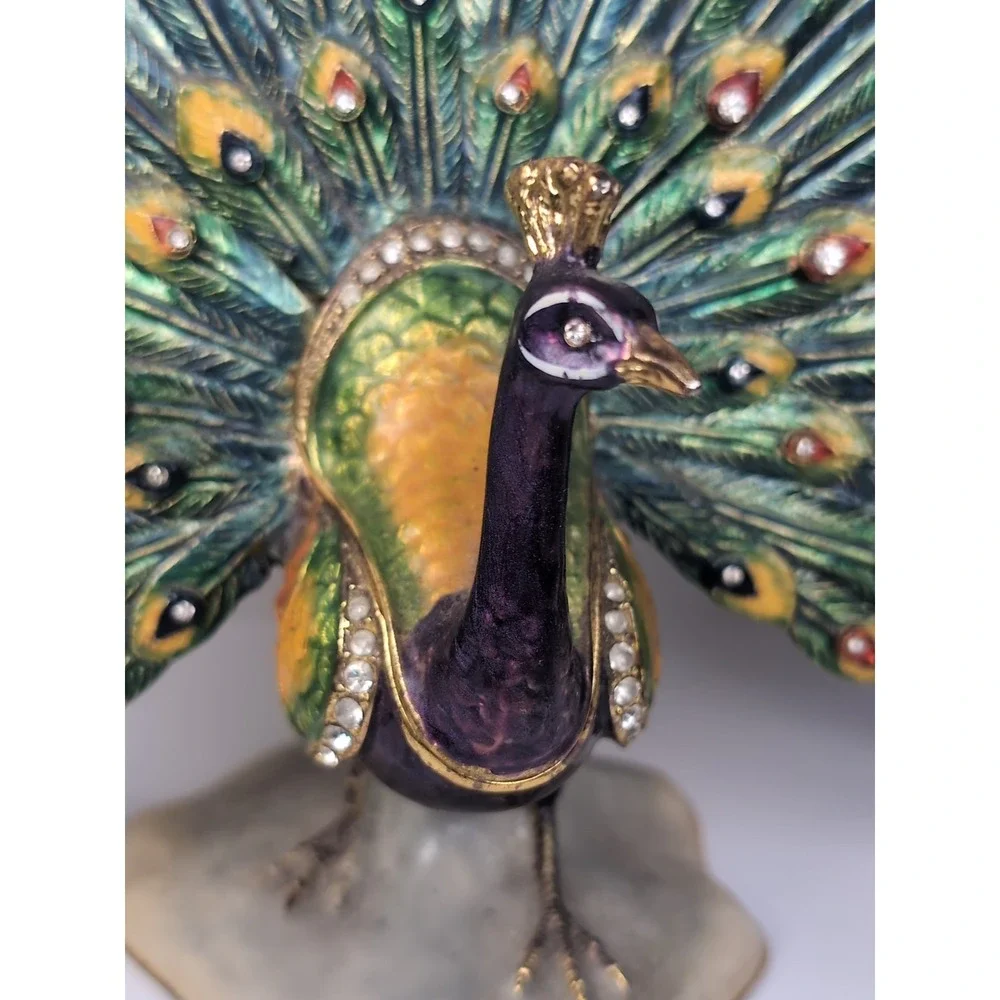 Sorelle Peacock Trinket Box Gold tone Hinged Storage Colorful Bejeweled